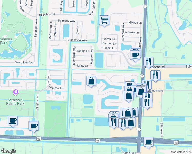 map of restaurants, bars, coffee shops, grocery stores, and more near 162 Catania Way in Royal Palm Beach