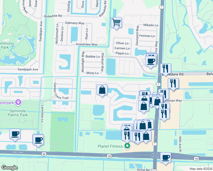 map of restaurants, bars, coffee shops, grocery stores, and more near 162 Catania Way in Royal Palm Beach
