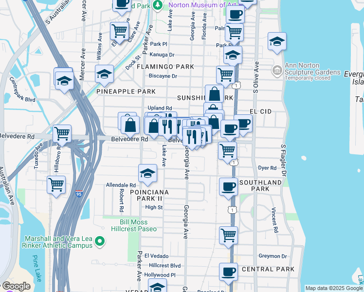 map of restaurants, bars, coffee shops, grocery stores, and more near 714 Gotham Court in West Palm Beach