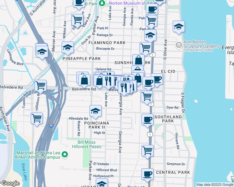 map of restaurants, bars, coffee shops, grocery stores, and more near 714 Gotham Court in West Palm Beach