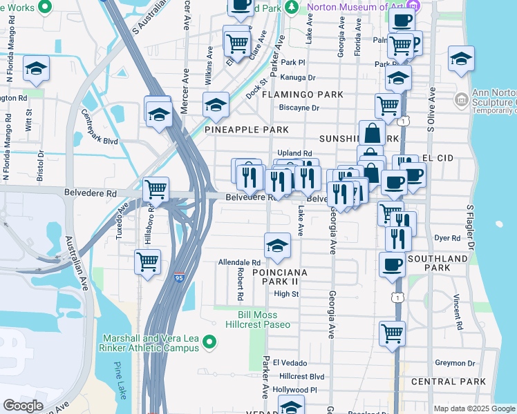 map of restaurants, bars, coffee shops, grocery stores, and more near 2741a Parker Avenue in West Palm Beach