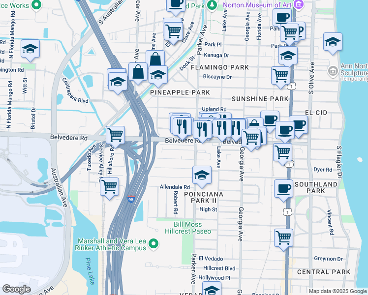 map of restaurants, bars, coffee shops, grocery stores, and more near 936 Ortega Road in West Palm Beach