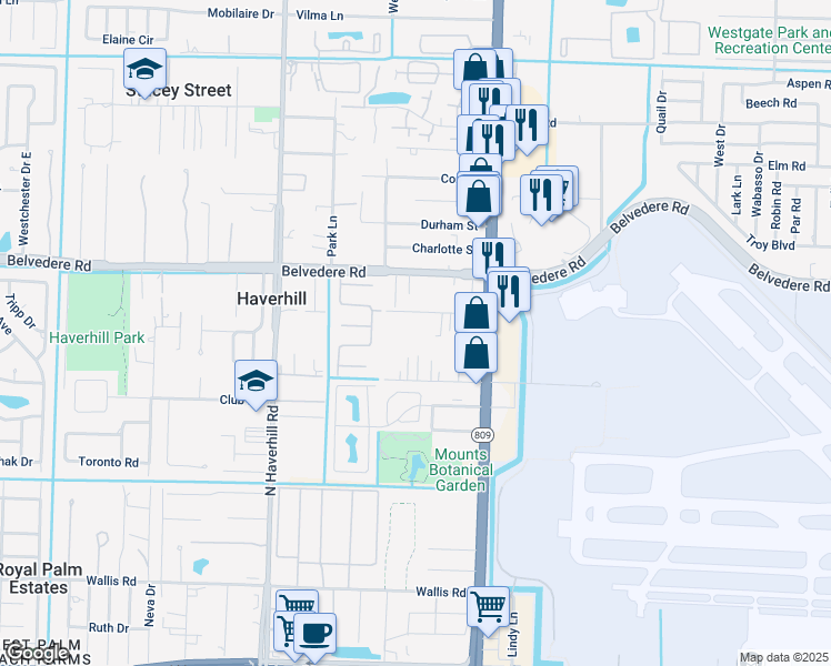 map of restaurants, bars, coffee shops, grocery stores, and more near 4742 Grove Street in West Palm Beach