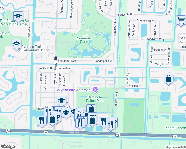 map of restaurants, bars, coffee shops, grocery stores, and more near 218 Seminole Lakes Drive in Royal Palm Beach