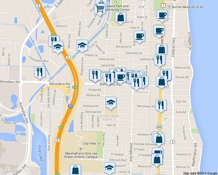map of restaurants, bars, coffee shops, grocery stores, and more near 836 Belvedere Road in West Palm Beach