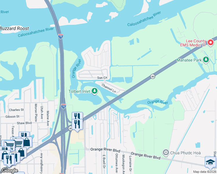map of restaurants, bars, coffee shops, grocery stores, and more near 54 Channel Lane in Fort Myers