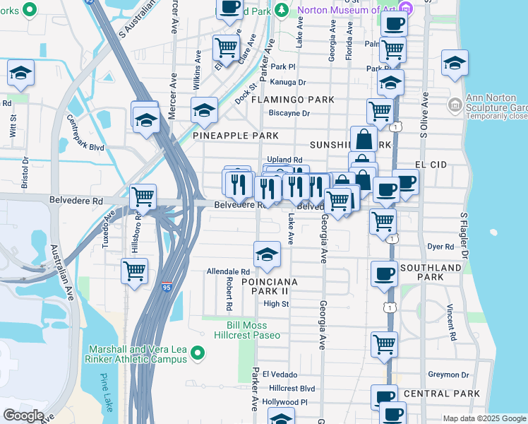 map of restaurants, bars, coffee shops, grocery stores, and more near 2741a Parker Avenue in West Palm Beach