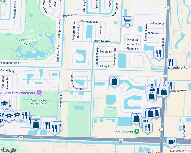 map of restaurants, bars, coffee shops, grocery stores, and more near 214 Catania Way in Royal Palm Beach