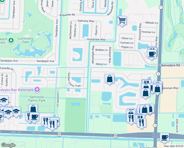 map of restaurants, bars, coffee shops, grocery stores, and more near 634 Peppergrass Run in Royal Palm Beach