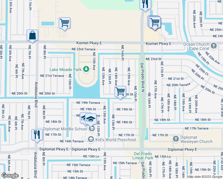 map of restaurants, bars, coffee shops, grocery stores, and more near 2009 Northeast 13th Place in Cape Coral