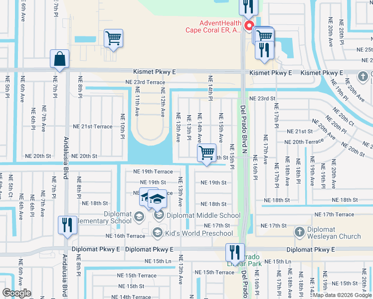 map of restaurants, bars, coffee shops, grocery stores, and more near 2022 Northeast 13th Place in Cape Coral
