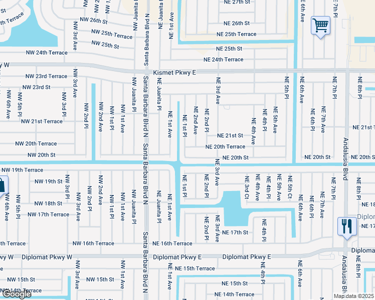map of restaurants, bars, coffee shops, grocery stores, and more near 2025 Northeast 1st Place in Cape Coral