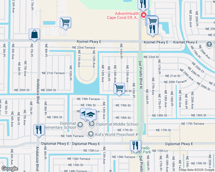 map of restaurants, bars, coffee shops, grocery stores, and more near 2010 Northeast 13th Place in Cape Coral