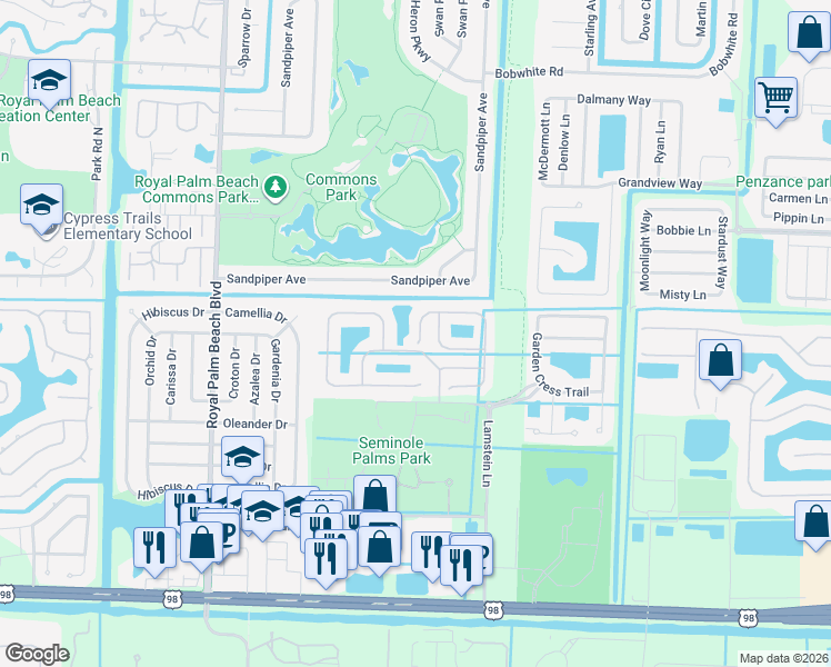 map of restaurants, bars, coffee shops, grocery stores, and more near 401 Rainbow Springs Terrace in Royal Palm Beach