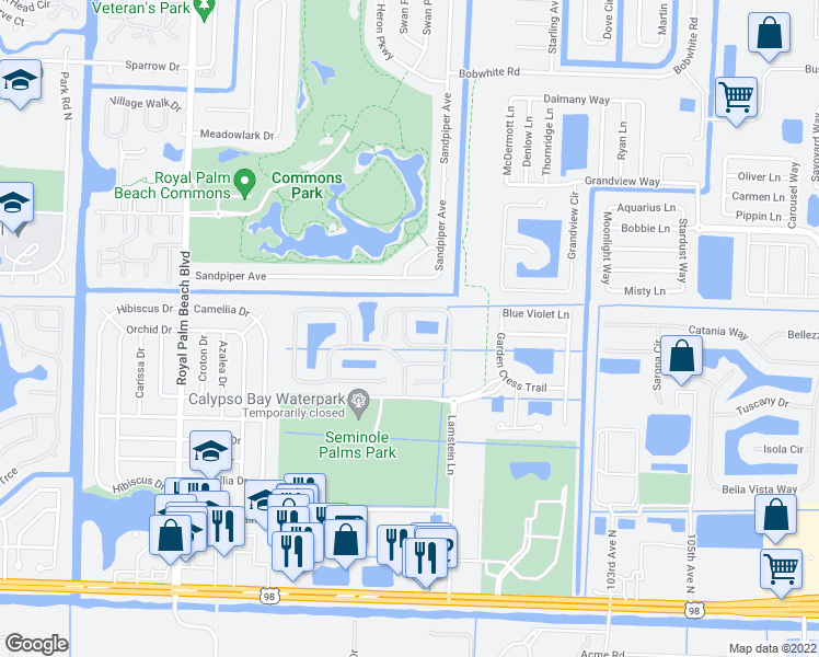 map of restaurants, bars, coffee shops, grocery stores, and more near 418 Rainbow Springs Terrace in Royal Palm Beach