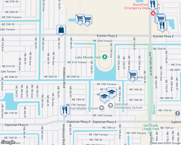 map of restaurants, bars, coffee shops, grocery stores, and more near 2018 Northeast 10th Place in Cape Coral