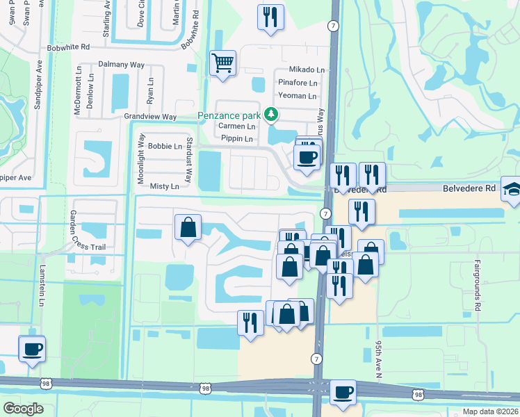 map of restaurants, bars, coffee shops, grocery stores, and more near 121 Bellezza Terrace in Royal Palm Beach