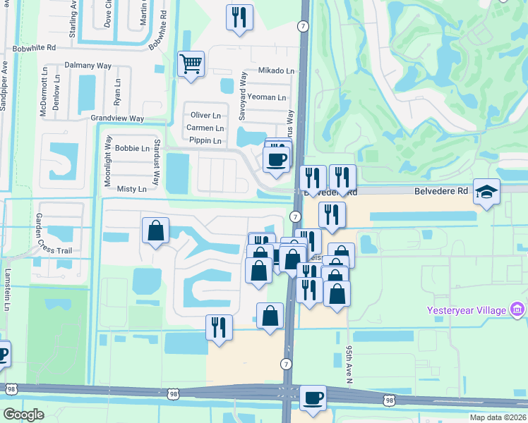 map of restaurants, bars, coffee shops, grocery stores, and more near 153 Bellezza Terrace in Royal Palm Beach