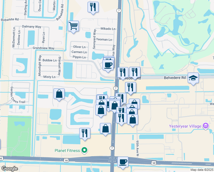 map of restaurants, bars, coffee shops, grocery stores, and more near 157 Bellezza Terrace in Royal Palm Beach