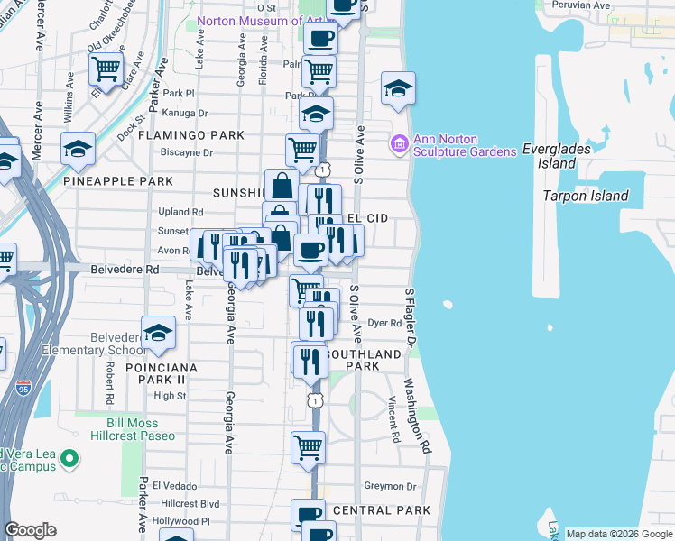 map of restaurants, bars, coffee shops, grocery stores, and more near 317 Pershing Way in West Palm Beach