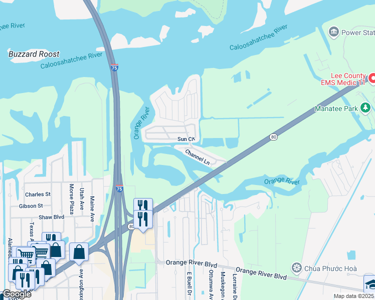 map of restaurants, bars, coffee shops, grocery stores, and more near 79 Sun Circle in Fort Myers