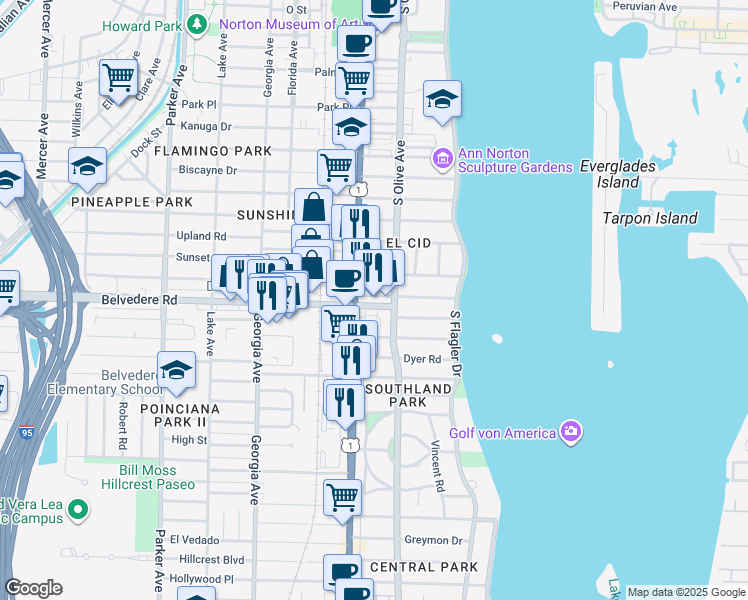 map of restaurants, bars, coffee shops, grocery stores, and more near 317 Pershing Way in West Palm Beach