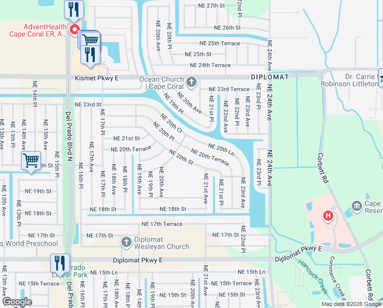 map of restaurants, bars, coffee shops, grocery stores, and more near 2043 Northeast 20th Terrace in Cape Coral