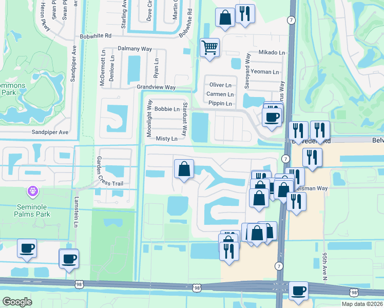 map of restaurants, bars, coffee shops, grocery stores, and more near 163 Catania Way in Royal Palm Beach