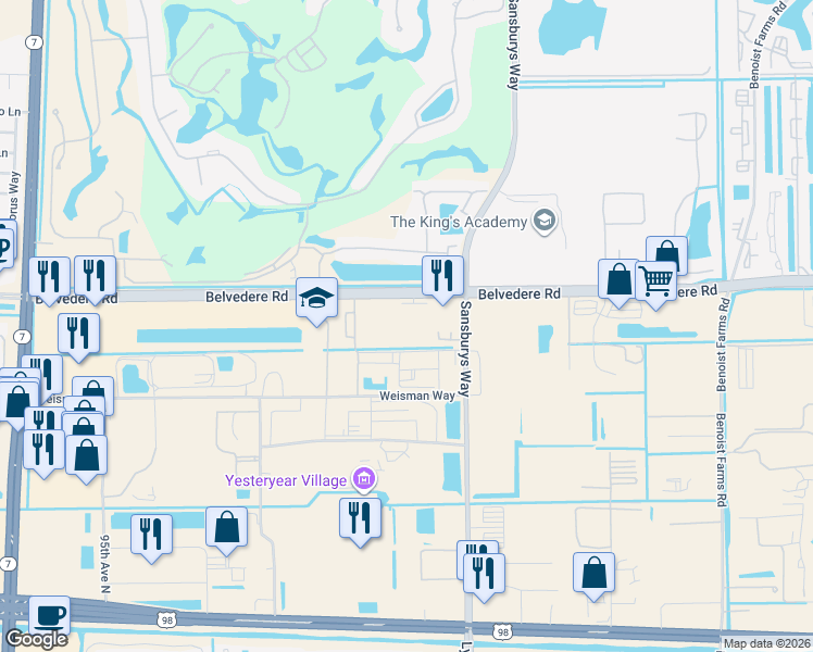 map of restaurants, bars, coffee shops, grocery stores, and more near 102 Bellhurst Way in West Palm Beach