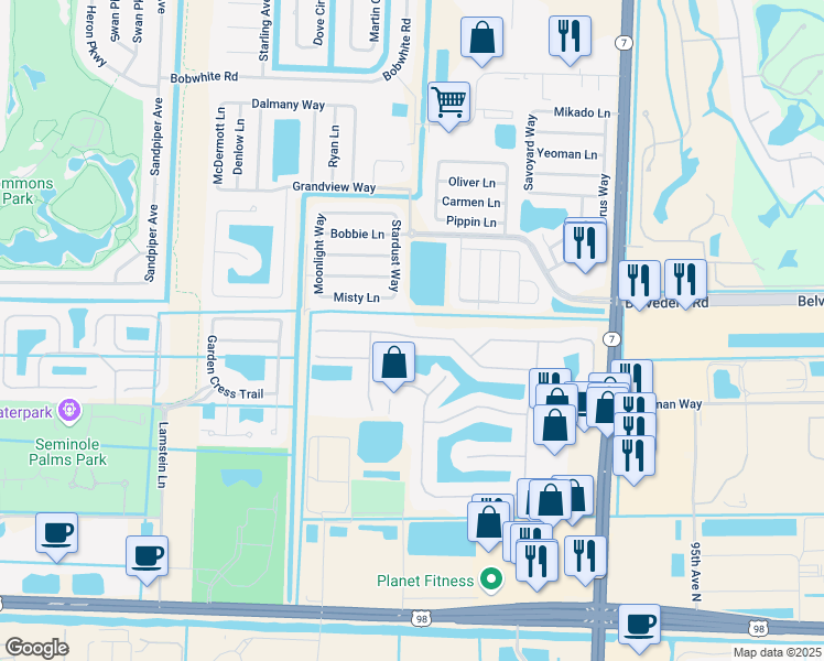 map of restaurants, bars, coffee shops, grocery stores, and more near 163 Catania Way in Royal Palm Beach