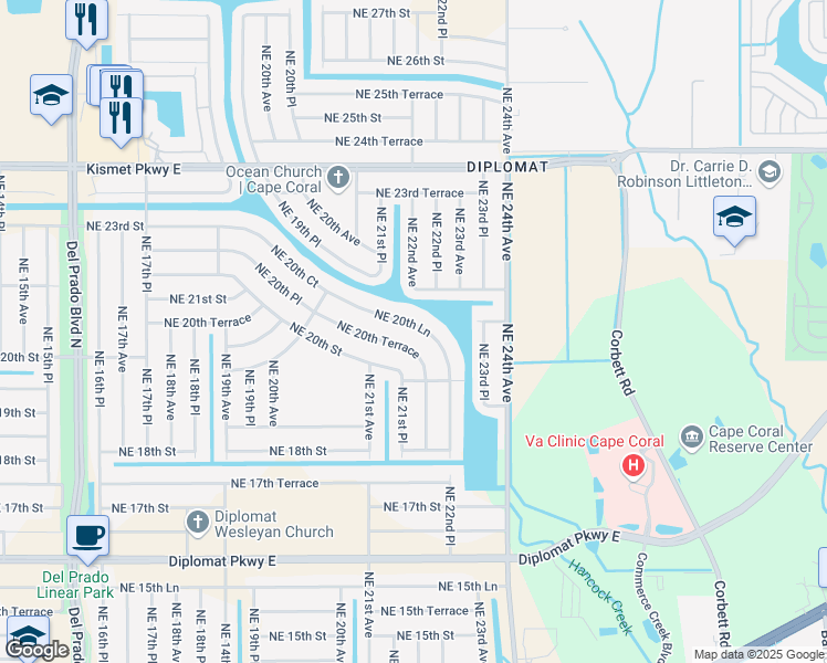 map of restaurants, bars, coffee shops, grocery stores, and more near 2121 Northeast 20th Lane in Cape Coral