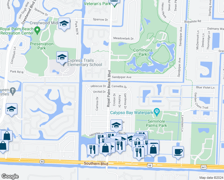 map of restaurants, bars, coffee shops, grocery stores, and more near 883 Camellia Drive in Royal Palm Beach