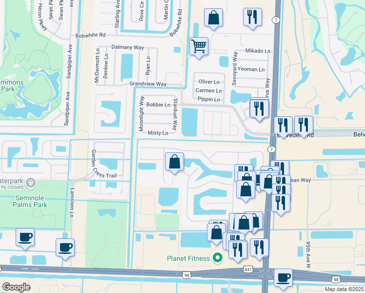 map of restaurants, bars, coffee shops, grocery stores, and more near 163 Catania Way in Royal Palm Beach