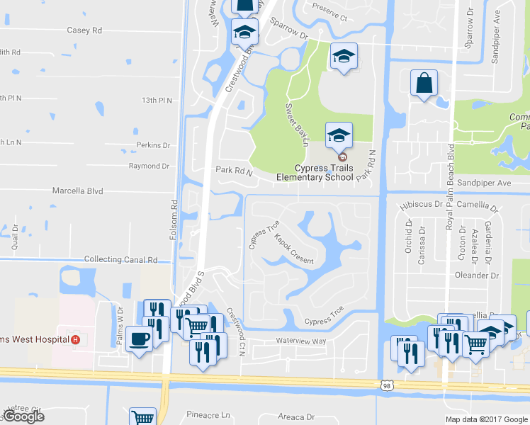 map of restaurants, bars, coffee shops, grocery stores, and more near 107 Black Olive Crescent in Royal Palm Beach