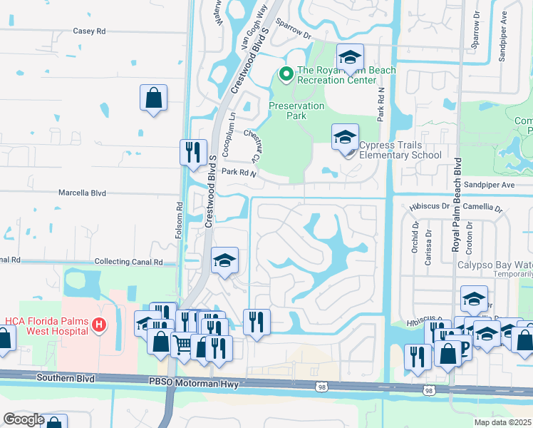 map of restaurants, bars, coffee shops, grocery stores, and more near 131 Black Olive Crescent in Royal Palm Beach