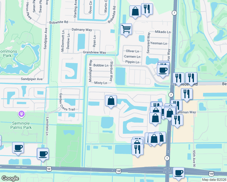 map of restaurants, bars, coffee shops, grocery stores, and more near 163 Catania Way in Royal Palm Beach
