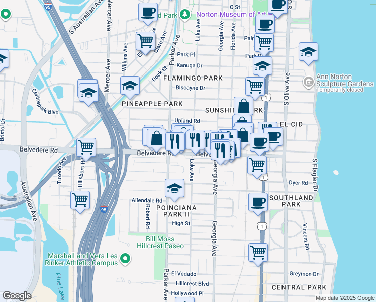map of restaurants, bars, coffee shops, grocery stores, and more near in West Palm Beach