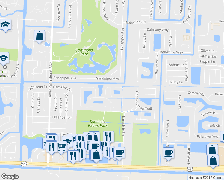 map of restaurants, bars, coffee shops, grocery stores, and more near 410 Rainbow Springs Terrace in Royal Palm Beach