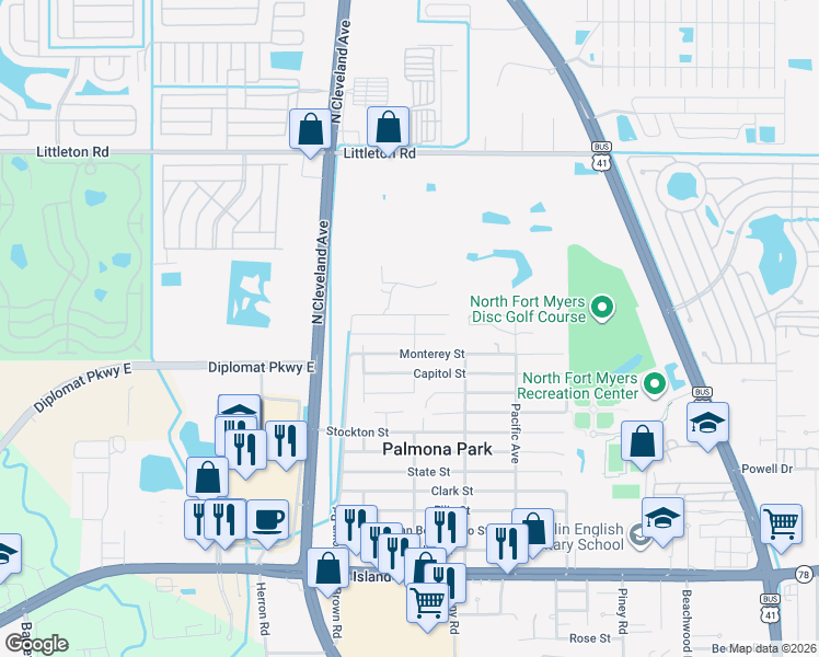 map of restaurants, bars, coffee shops, grocery stores, and more near 455 San Jose Street in North Fort Myers