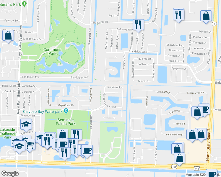 map of restaurants, bars, coffee shops, grocery stores, and more near 11468 Blue Violet Lane in West Palm Beach