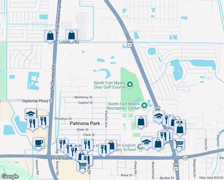 map of restaurants, bars, coffee shops, grocery stores, and more near 220 San Jose Street in North Fort Myers