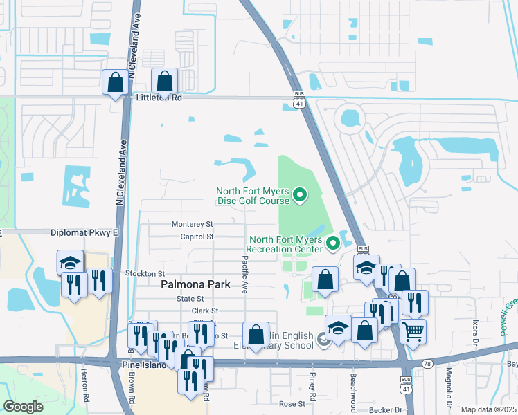 map of restaurants, bars, coffee shops, grocery stores, and more near 220 San Jose Street in North Fort Myers