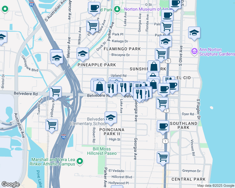 map of restaurants, bars, coffee shops, grocery stores, and more near in West Palm Beach