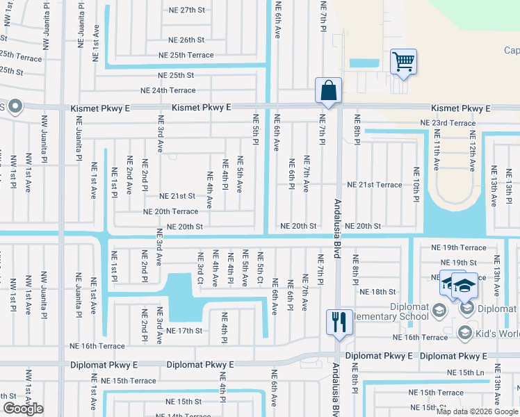 map of restaurants, bars, coffee shops, grocery stores, and more near 2021 Northeast 5th Place in Cape Coral