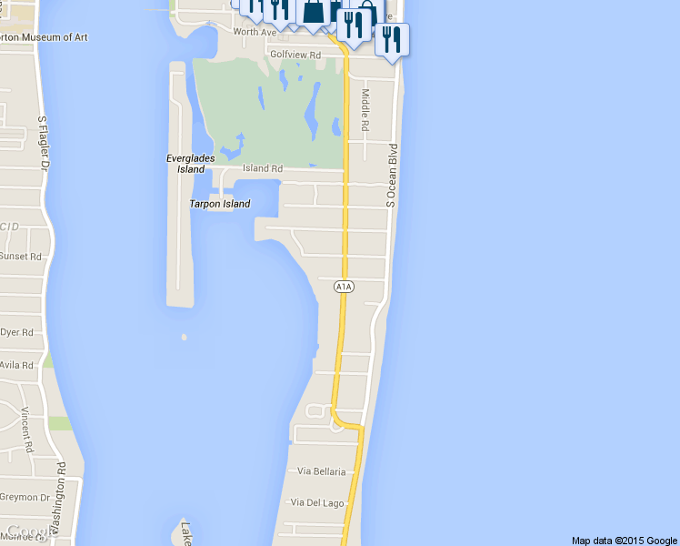 map of restaurants, bars, coffee shops, grocery stores, and more near 695 South County Road in Palm Beach