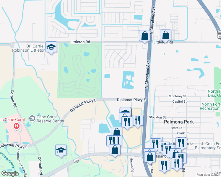 map of restaurants, bars, coffee shops, grocery stores, and more near Diplomat Parkway East in North Fort Myers