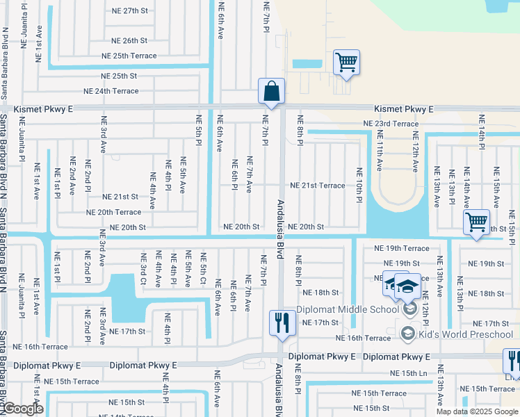 map of restaurants, bars, coffee shops, grocery stores, and more near 2020 Northeast 7th Place in Cape Coral