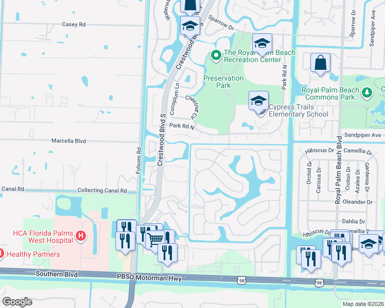 map of restaurants, bars, coffee shops, grocery stores, and more near 118 Black Olive Crescent in Royal Palm Beach