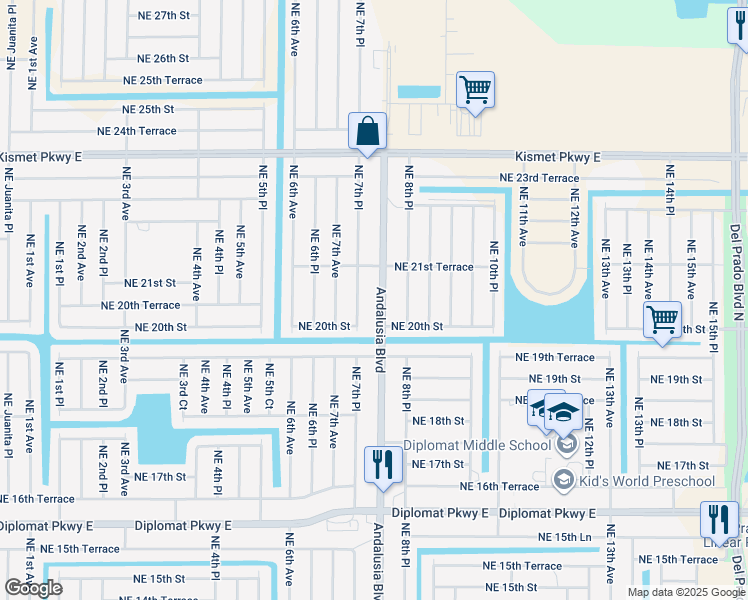 map of restaurants, bars, coffee shops, grocery stores, and more near 2026 Andalusia Boulevard in Cape Coral