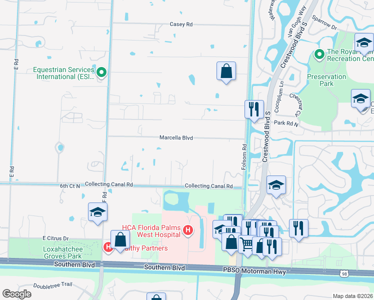 map of restaurants, bars, coffee shops, grocery stores, and more near 13050 Marcella Boulevard in Loxahatchee